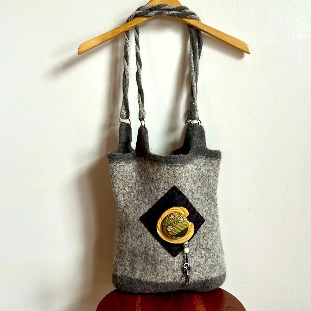 Artisan felted woolen tote with braided straps, one of a kind NWOT
